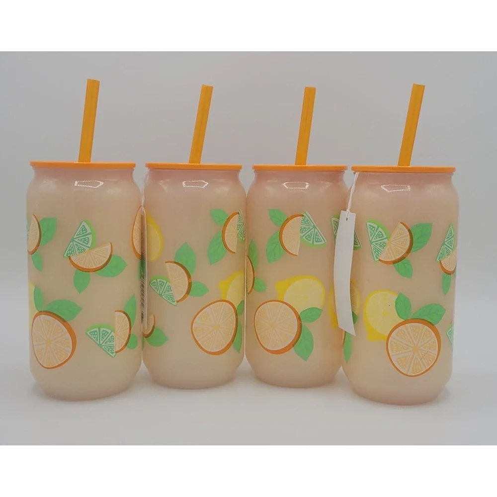 20oz Color Changing Tumbler NEW Set Of 4 - Lid Straw Orange Summer Fruit